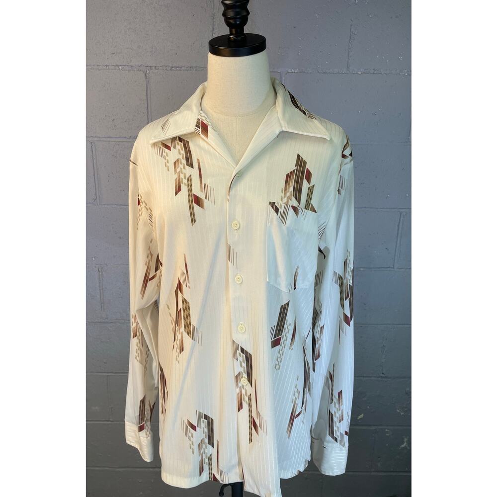 Vintage 70s Mr. Jan Polyester Disco Shirt Dagger Collar Abstract Earth Tones Med